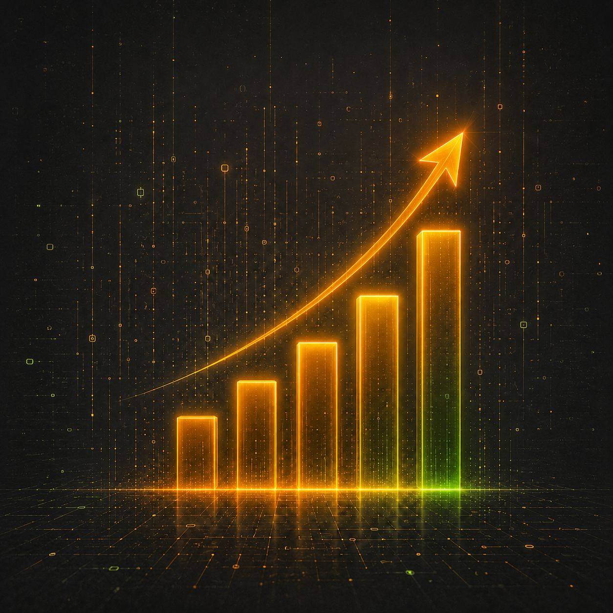 Gráfico de barras com seta ascendente em neon laranja, representando crescimento de conversão