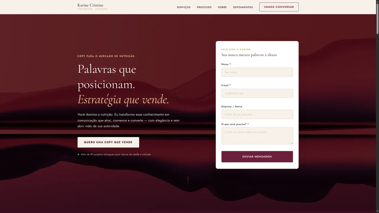 Site de Karine Cristine, copywriter para o mercado de nutrição